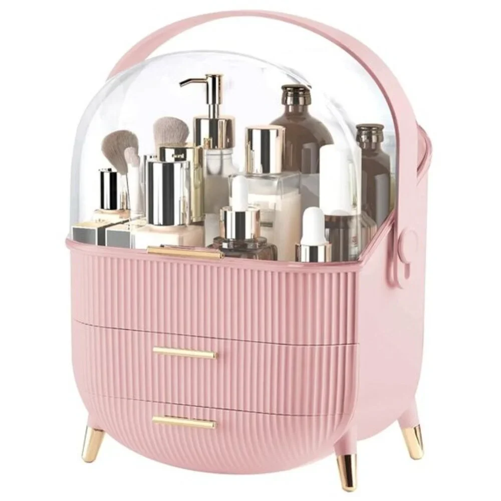 New Makeup Organizer with Lid & Drawers, Skincare & Cosmetic Storage in Pink
